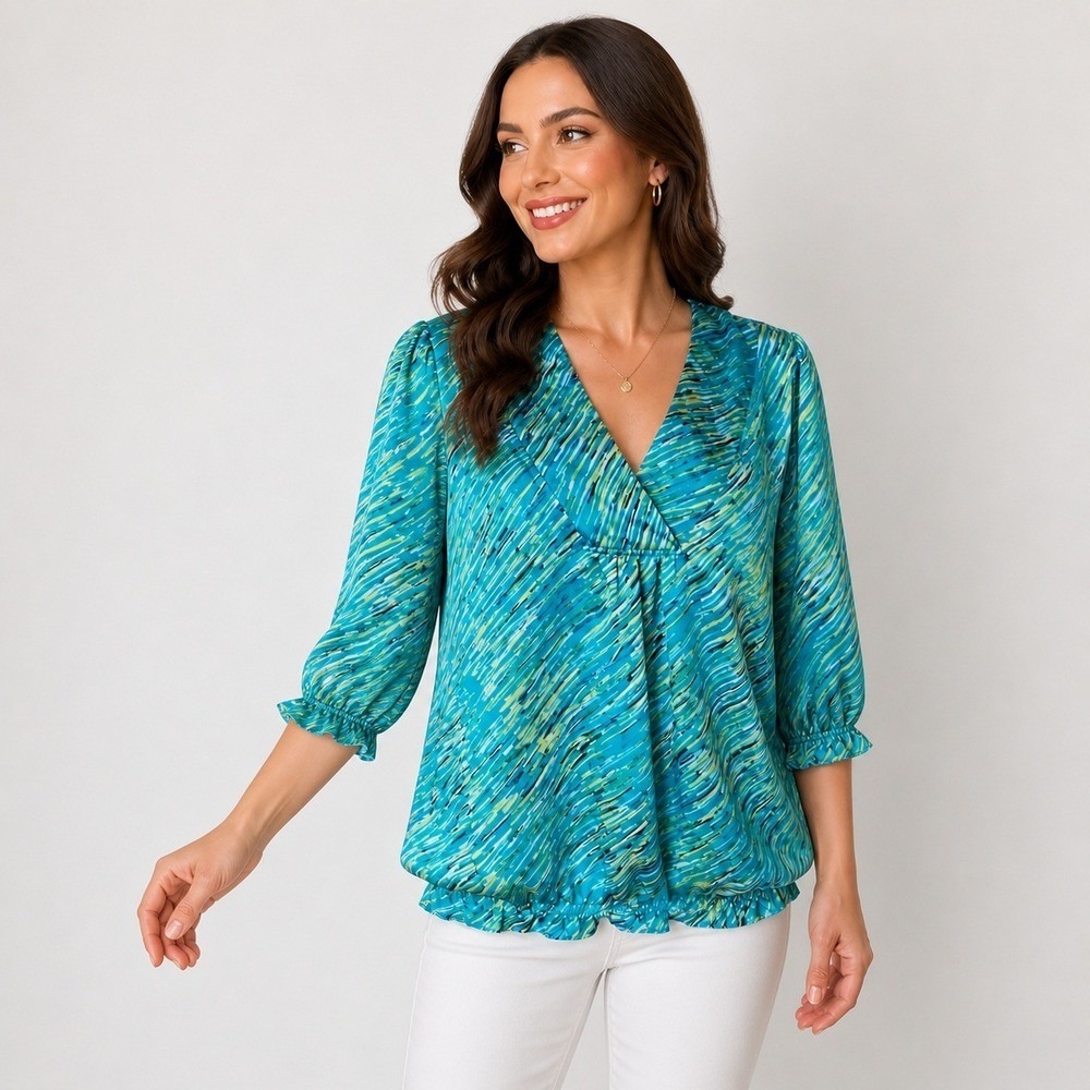 Covington Aqua Abstract Blouse Top Size 16-18W Y2K Retro Bold Print Coastal